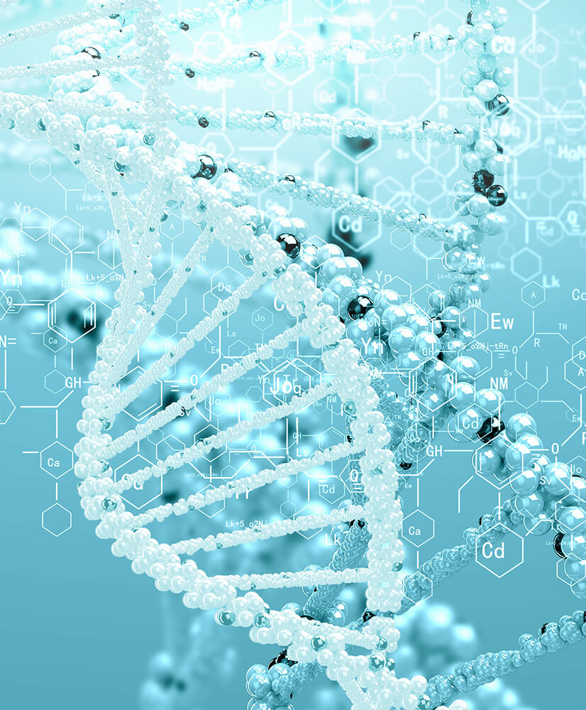 white and light blue stand of dna against a light blue background